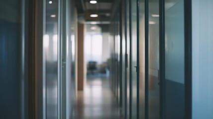 Bright and airy office corridor flooded with natural light from a glass wall, creating a modern and spacious workspace. Blurry background emphasizing open, light-filled environment.
