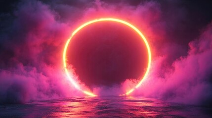 Vibrant neon sunset over a mystical ocean with swirling clouds and glowing reflections