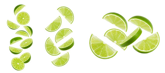 lime fruit set png. lime isolated. Fresh lime slices falling down PNG, vibrant green citrus pieces in mid-air, perfect for organic food, tropical drinks, and healthy lifestyle visuals