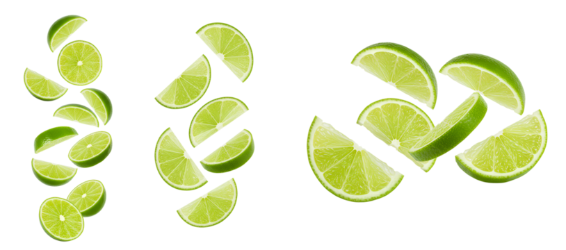 lime fruit set png. lime isolated. Fresh lime slices falling down PNG, vibrant green citrus pieces in mid-air, perfect for organic food, tropical drinks, and healthy lifestyle visuals
