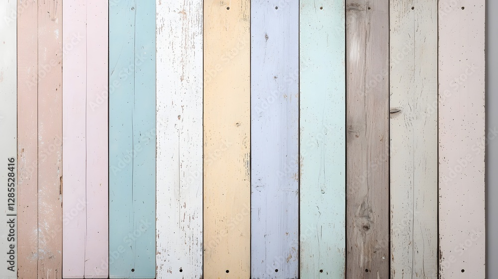 Poster weathered and distressed wooden planks in a variety of faded pastel colors creating a rustic vintage
