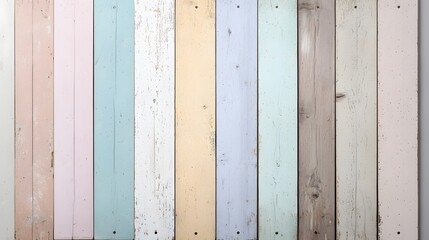 Weathered and distressed wooden planks in a variety of faded pastel colors creating a rustic vintage and shabby chic background texture  The boards have a natural aged appearance with a worn