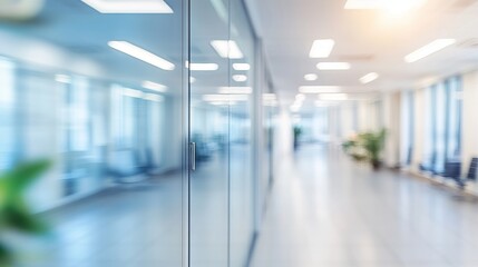 Bright and airy office corridor flooded with natural light from a glass wall, creating a modern and spacious workspace. Blurry background emphasizing open, light-filled environment.