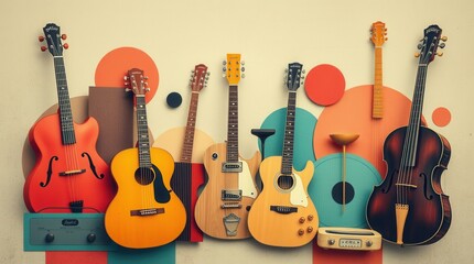 Diverse collection of guitars and a cello in a playful, colorful setup.