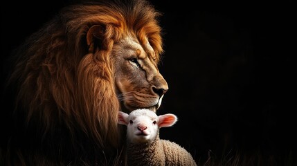 Naklejka premium Majestic lion and gentle lamb juxtaposed in a symbolic portrait of power and innocence sharing space