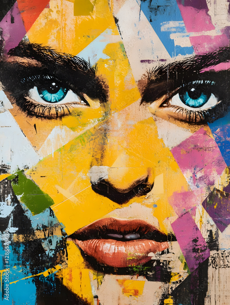 Poster vibrant abstract portrait with striking blue eyes and dynamic geometric patterns : generative ai