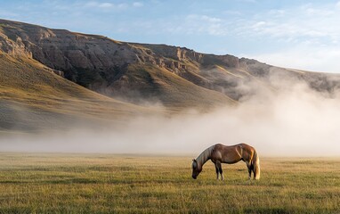 Majestic horse grazing peacefully in a misty valley at dawn with towering cliffs in the background