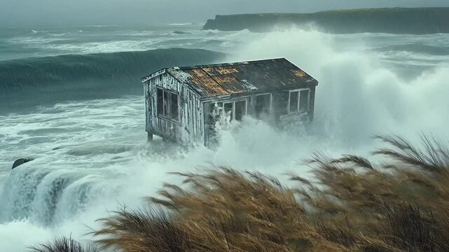 The House Against The Storm: An old weathered house, battered by relentless waves, stands defiantly on the edge of a rocky cliff, showcasing the raw power of nature's tempest.