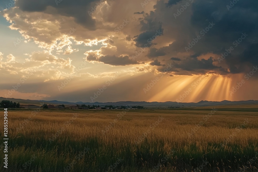 Poster timelapse of clouds parting to reveal golden rays of sunlight over an expansive field at sunset, tim