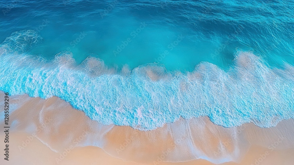 Poster aerial view of turquoise ocean waves crashing on a sandy beach with white foam creating beautiful pa