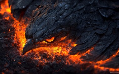 Fiery bird emerges from molten landscape with glowing eyes in a dramatic, surreal setting