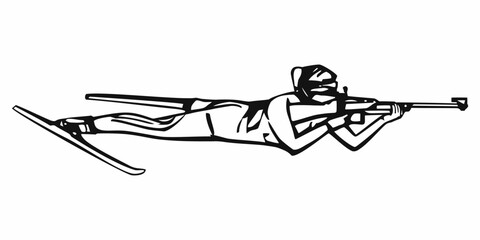isolated illustration of a stylization biathlon shooter, black and white drawing, white background