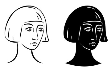 isolated illustration stylization woman head. black and white vector drawing . white background