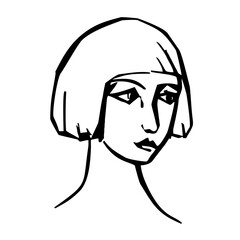isolated illustration careless ink stylization woman head. black and white vector drawing . white background