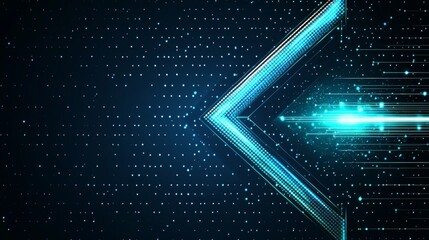 Abstract glowing blue arrow with lighting effects and a grid of lines on a blue background, representing a futuristic technology concept, highlighting high-tech advancements and digital innovation.