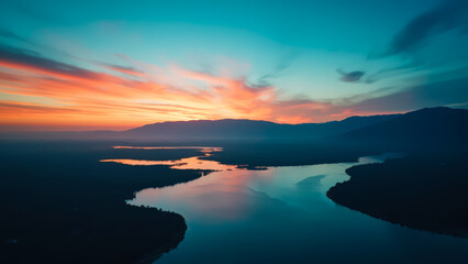 Aerial View of Serene River at Sunset: Landscape Photography with Vivid Orange, Blue, and Teal Sky Reflecting on Calm Water Near Mountains