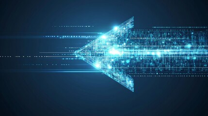 Abstract glowing blue arrow with lighting effects and a grid of lines on a blue background, representing a futuristic technology concept, highlighting high-tech advancements and digital innovation.