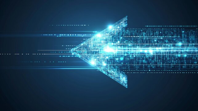 Abstract glowing blue arrow with lighting effects and a grid of lines on a blue background, representing a futuristic technology concept, highlighting high-tech advancements and digital innovation.