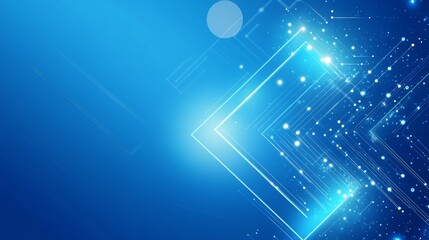 Abstract glowing blue arrow with lighting effects and a grid of lines on a blue background, representing a futuristic technology concept, highlighting high-tech advancements and digital innovation.