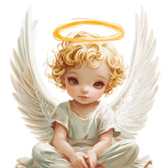 A hand-drawn digital painting of a baby angel with pure white wings, gently curled golden hair, and a peaceful, transparent background, PNG