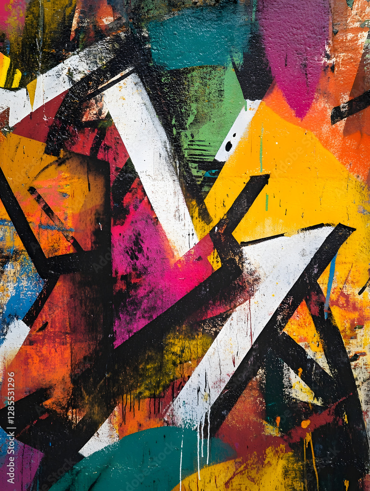 Poster vibrant abstract geometric street art with layers of color and dynamic shapes : generative ai