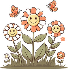 Happy Smiling Flowers with Butterflies Cartoon Garden Illustration