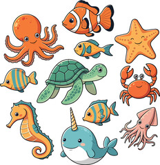 Adorable Ocean Animal Cartoon Illustration Sea Creatures Design Elements