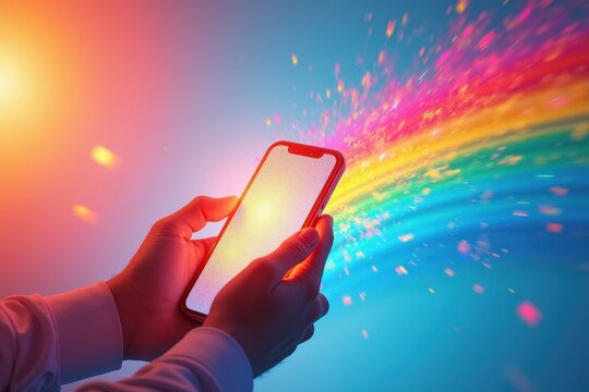 Person is holding phone with rainbow colored background