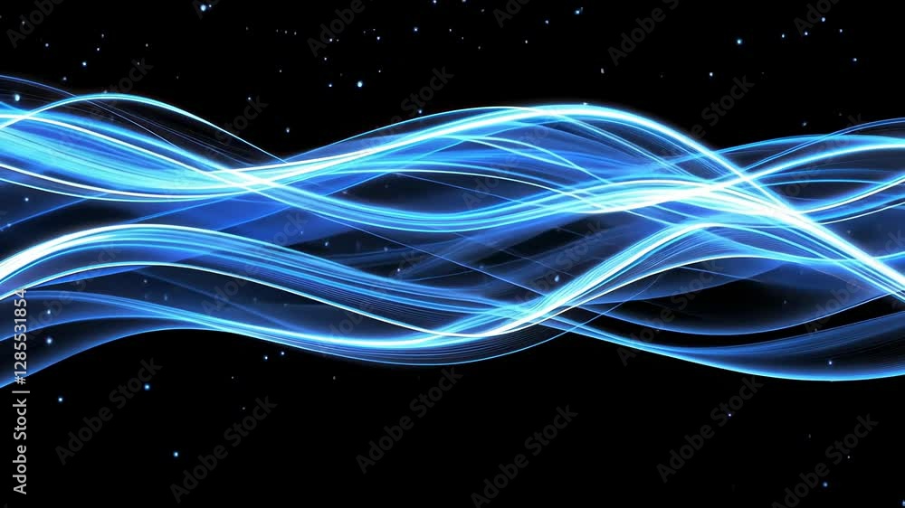 Poster dynamic video concept with glowing blue waves and particles on a black background. captured from a f