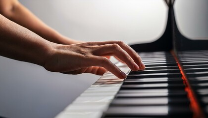 Obraz premium 無機質なグレー背景に浮かぶ、ピアノの鍵盤を弾く手元の流れるような動き 
