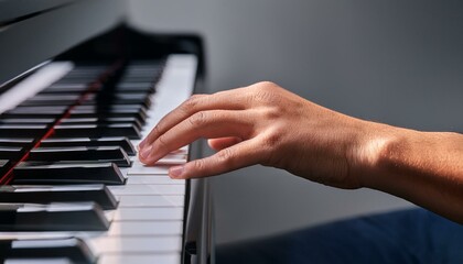 Fototapeta premium グレーの無機質な背景で、ピアノの鍵盤を滑らかに弾く手元から感じる音楽の流れ 