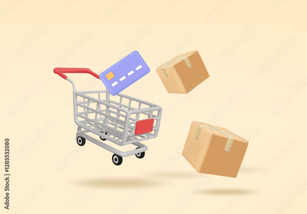 Aufkleber 3d vector illustration render shopping cart icon with credit card and package box floating on cream 