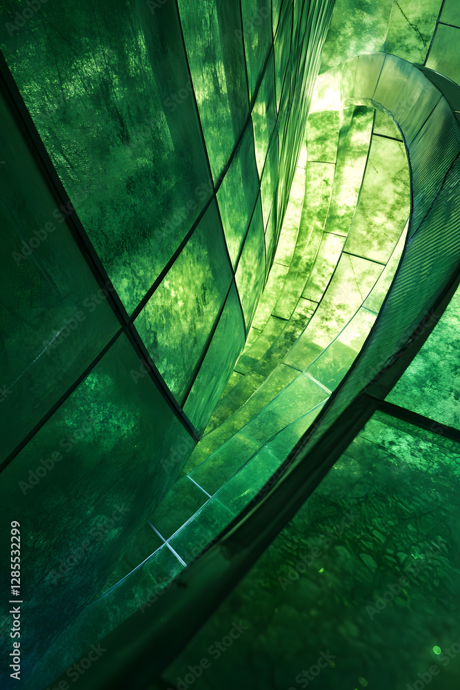 Fototapete green architectural design with curved angles and illuminated panels : generative ai