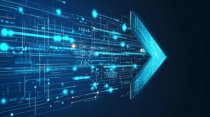 Abstract glowing blue arrow with lighting effects and a grid of lines on a blue background, representing a futuristic technology concept, highlighting high-tech advancements and digital innovation.