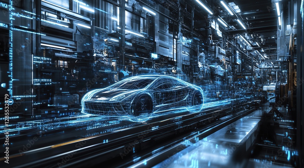 Aufkleber futuristic car design: digital vehicle creation in a modern factory setting