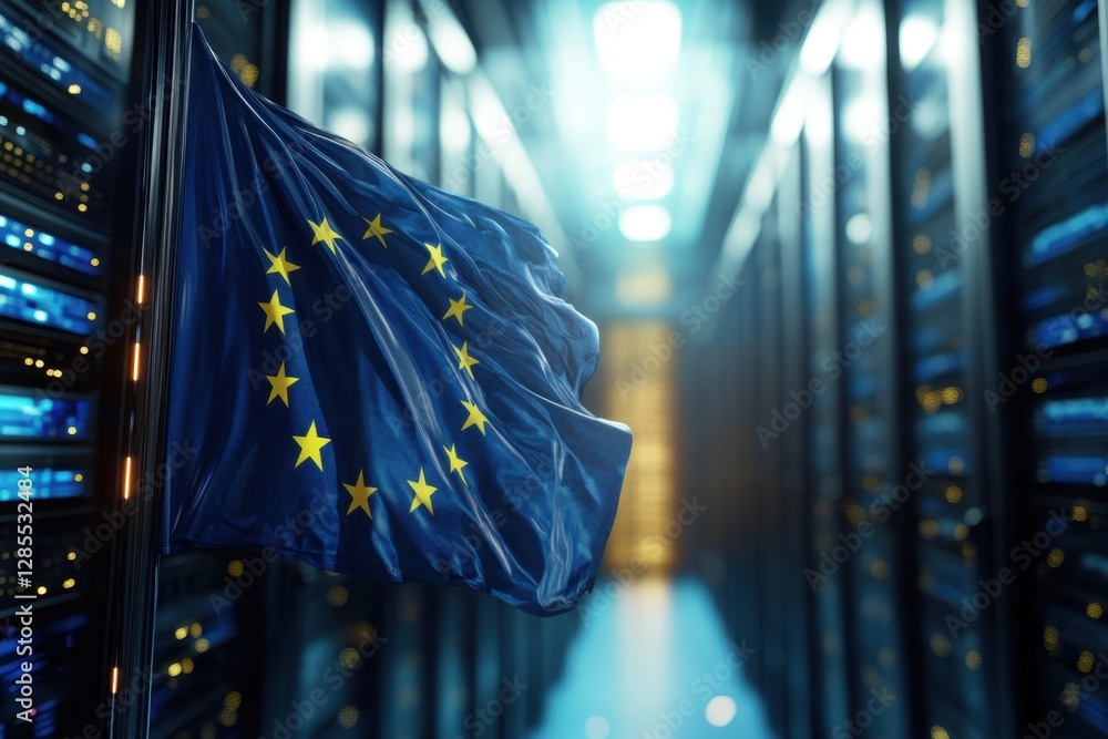 Poster highlighting the presence of the european union flag over a globe in a modern server room, flag of e