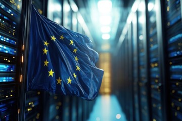 Highlighting the presence of the European Union flag over a globe in a modern server room, flag of eu and globe over server room
