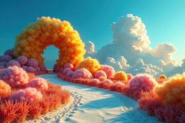 Cloud Fluffy Walking. Surreal pink orange fluffy trees blue sky curved
