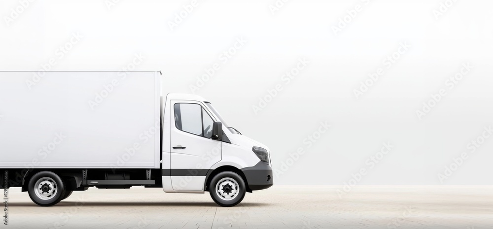 Poster a clean, minimalistic image of a white delivery truck parked against a plain backdrop, emphasizing s