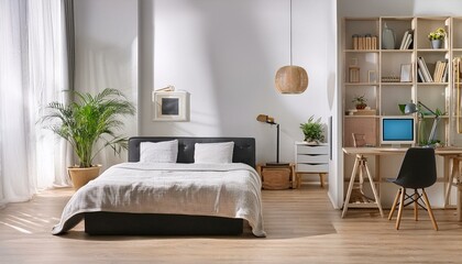 White wall bedroom and home office, front