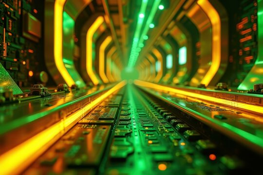 Blue Light Patterns. Futuristic green circuit board glowing with neon