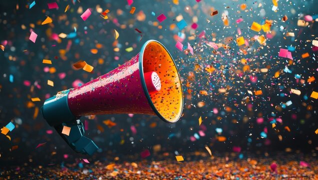 Megaphone announces a burst of confetti colorful celebration a vibrant explosion of joy and news colorful fragments float in mid air event promotion