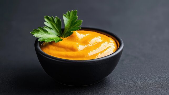 Orange dip in small bowl on dark background