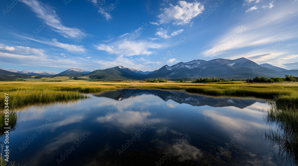 Poster stunning mountain reflection in tranquil lake with clear skies and rolling hills : generative ai