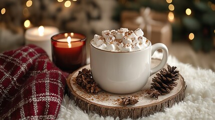 Cozy winter aesthetic hot beverage with marshmallows, candle, spices, pine cone, and red plaid on beige.