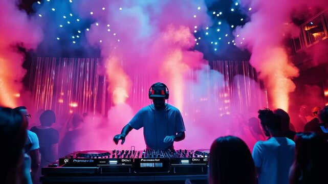 The nightclub is filled with smoke and colourful lights as a DJ mixes tracks behind a console.  Partygoers are engrossed in the music and atmosphere, dancing enthusiastically.
