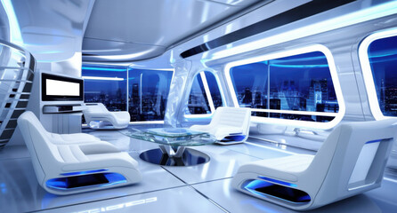 A futuristic, white and blue themed living room or lounge area with sleek, curved furniture, built-in lighting, and large windows showcasing a cityscape view. 