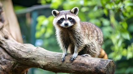 Obraz premium Curious raccoon perched on a tree branch in dense forest habitat : Generative AI
