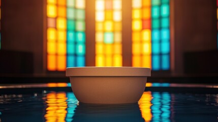 Church interior with stained glass windows Concept, Illuminated Baptismal Font with Soft Reflections Under Colorful Stained Glass Windows