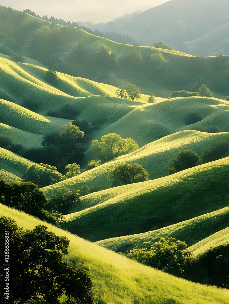 Poster lush green rolling hills and trees under soft sunlight in scenic countryside : generative ai